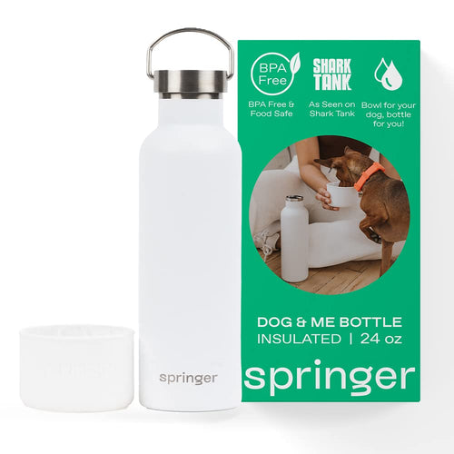 Springer Dog and Me 24oz Stainless Steel Insulated Water Bottle - Cold for 12+ Hours – Portable Dog Water Bottle with Integrated Travel Water Bowl for Dogs Portable Dog Water Bottle – White